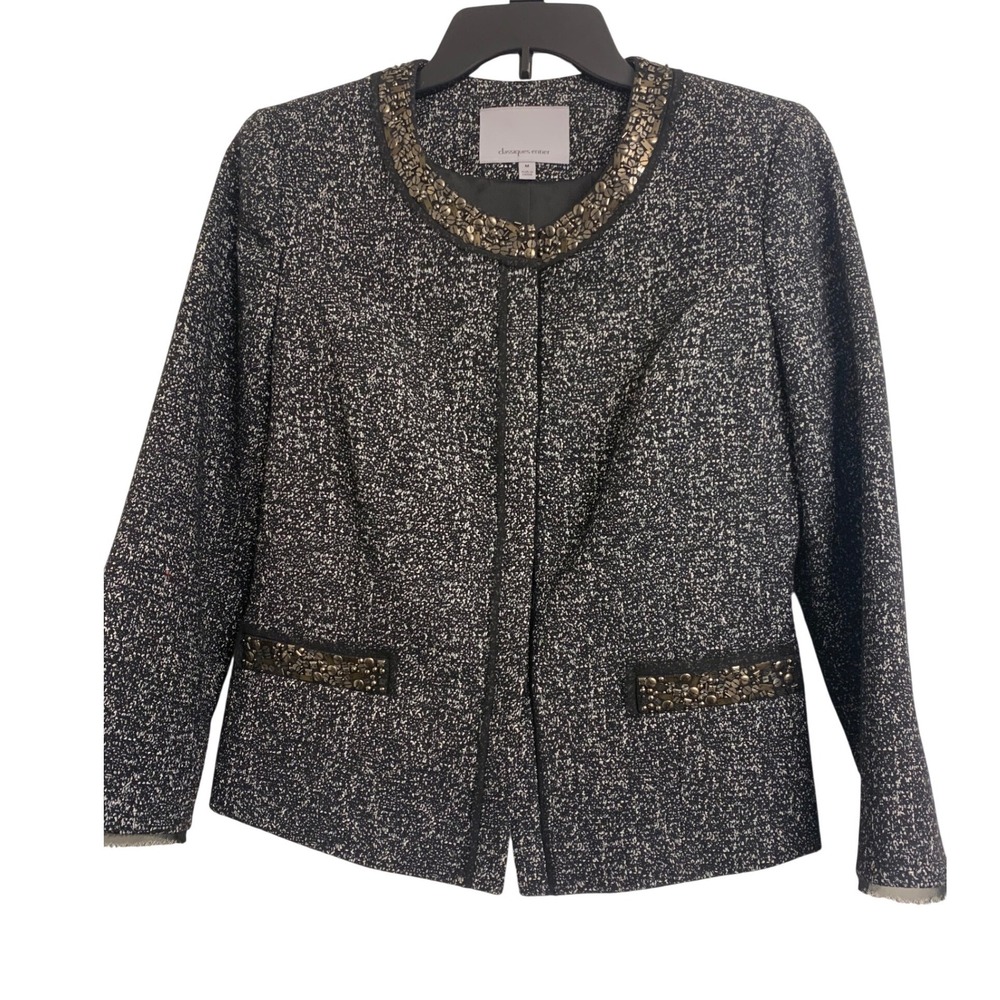 Classiques Entier Black White Tweed Studded Collarless Blazer Jacket M